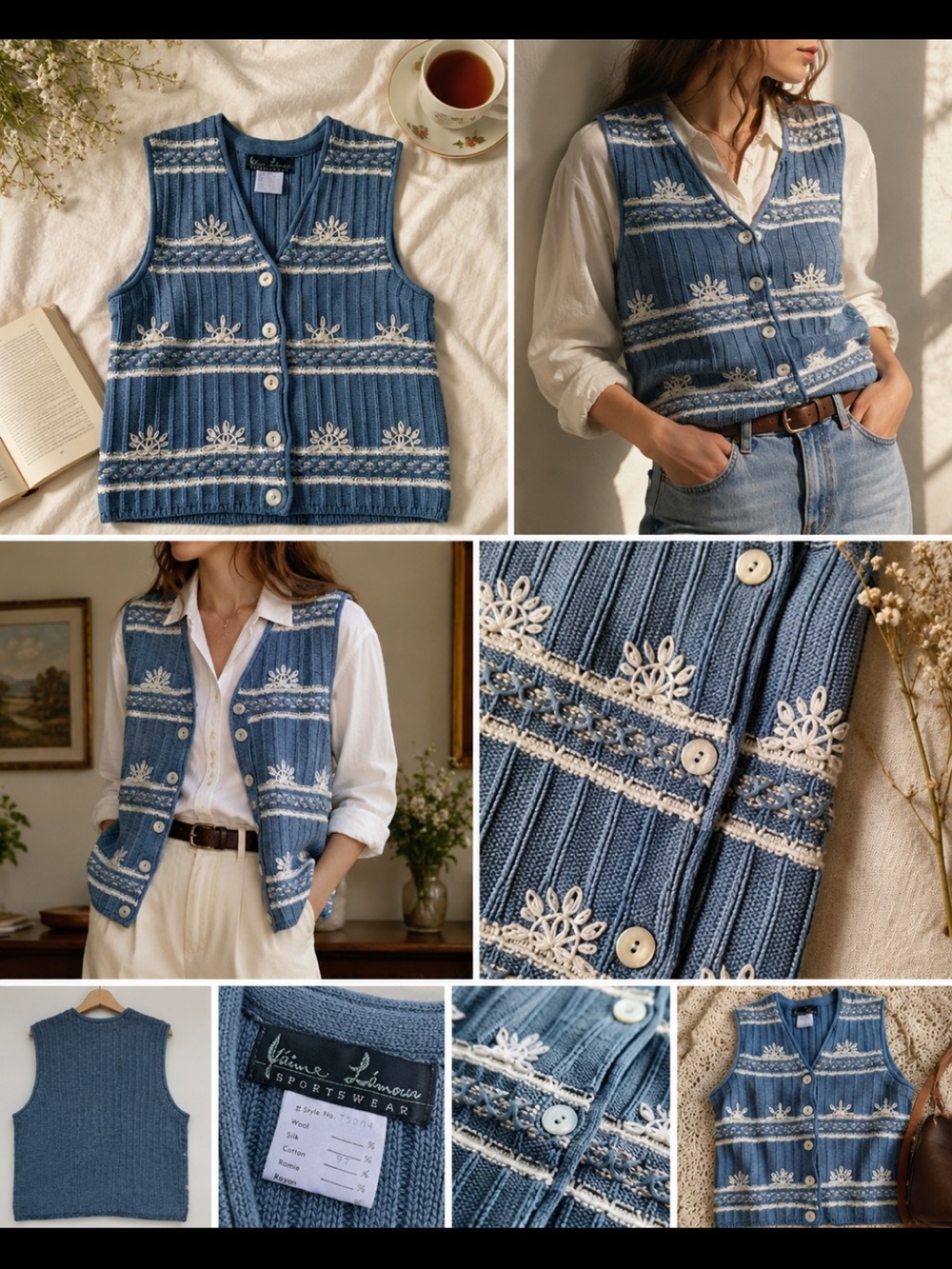 Vintage Blue Embroidered Button Front Sweater Vest Cotton Knit - Picture 6 of 6